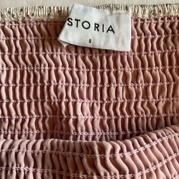 Storia Mini Dress Size Floral Colorblock Blue Pink Tan Square Neck Ruffled Hem S - Picture 3 of 7